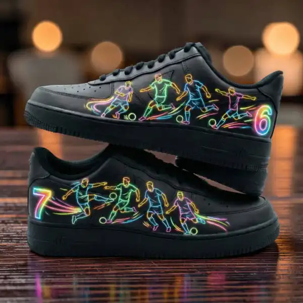 Custom neon-lit AF1 sneakers with vibrant sports-themed designs.