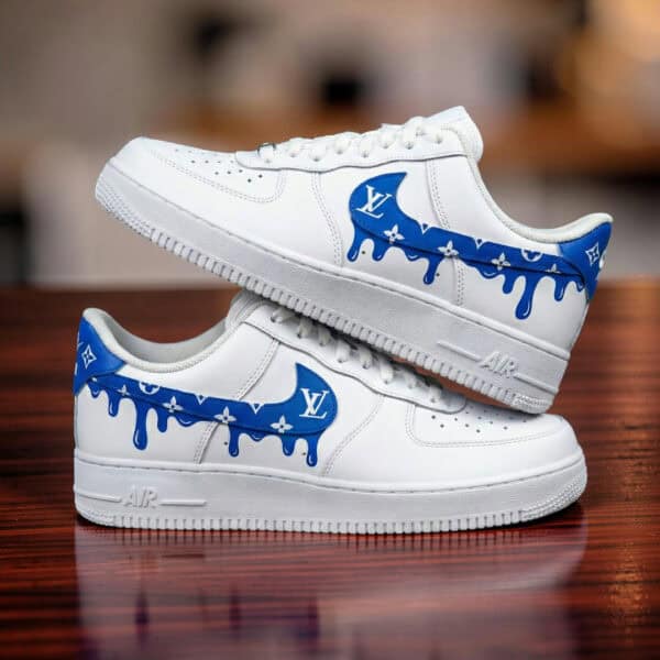 Custom white AF1 sneakers with blue Louis Vuitton-inspired drip design.