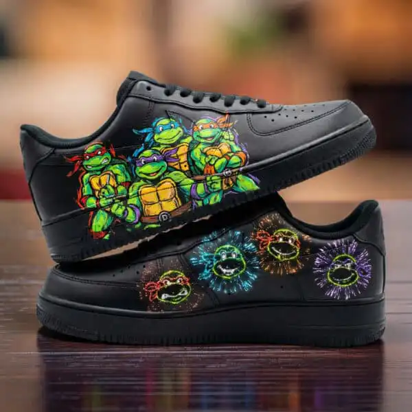 Custom Teenage Mutant Ninja Turtles AF1 sneakers with vibrant graffiti design.
