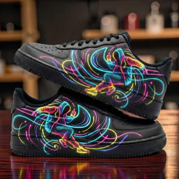 Custom Nike AF1 sneakers featuring vibrant neon light artwork for a unique style.