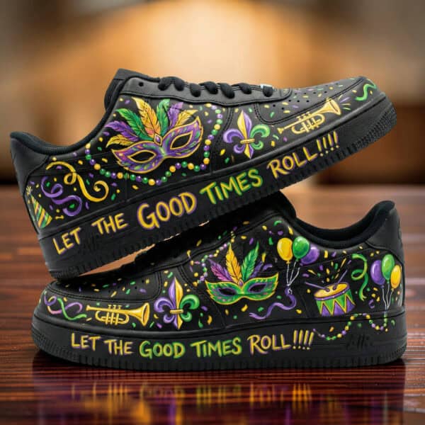 Custom AF1 sneakers with vibrant carnival masks and festive designs.