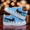 Custom AF1 sneakers with blue paint drip design and personalized text.