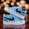Custom AF1 sneakers with blue paint drip design and personalized text.