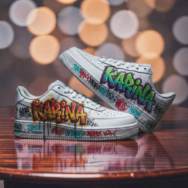 Custom graffiti design AF1 sneakers with vibrant colors and street art style.