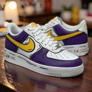 Custom Purple and Yellow Comic Style Air Force 1 sneakers. Unique hand-painted design inspired by co.