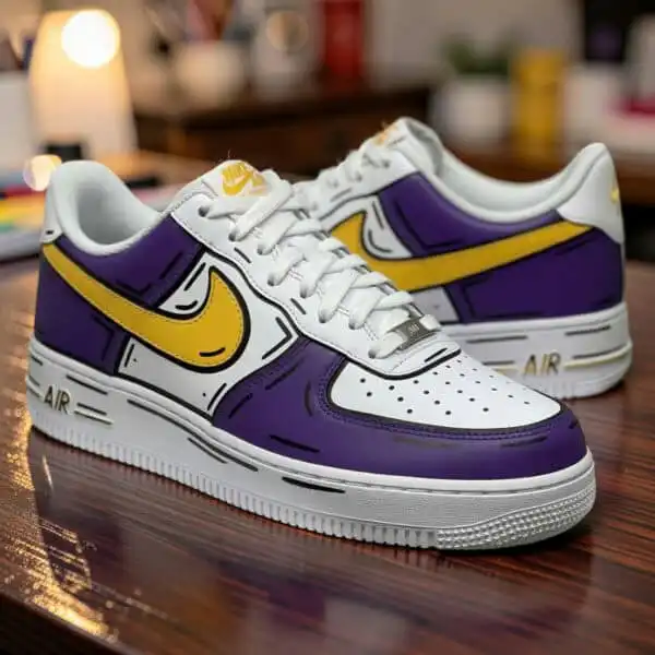 Custom Purple and Yellow Comic Style Air Force 1 sneakers. Unique hand-painted design inspired by co.