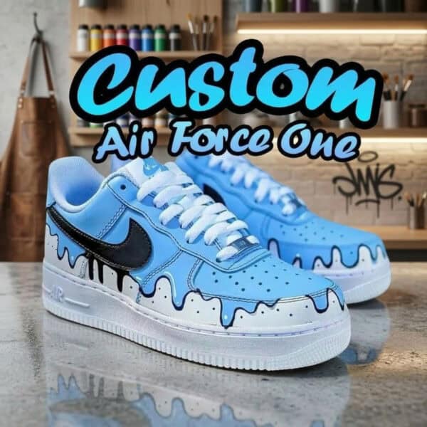 Custom Air Force 1 Sneakers with unique drip design in blue and black. Perfect for personalized snea.