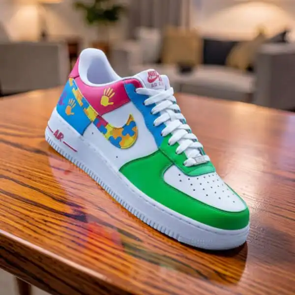 Autism awareness Nike Air Force 1 sneakers with colorful handprints and puzzle piece design.