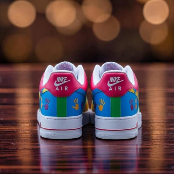Custom painted Autism Awareness Nike Air Force 1 sneakers with puzzle piece design.