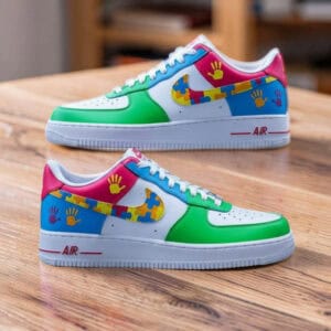 Autism awareness Nike Air Force 1 sneakers with colorful puzzle and hand symbols, personalized for a.