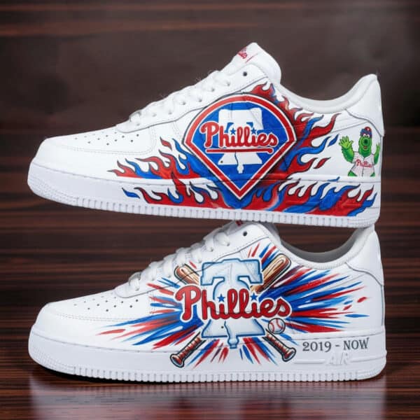Custom Phillies sneakers with team logo, flames, and baseball graphics for fans.