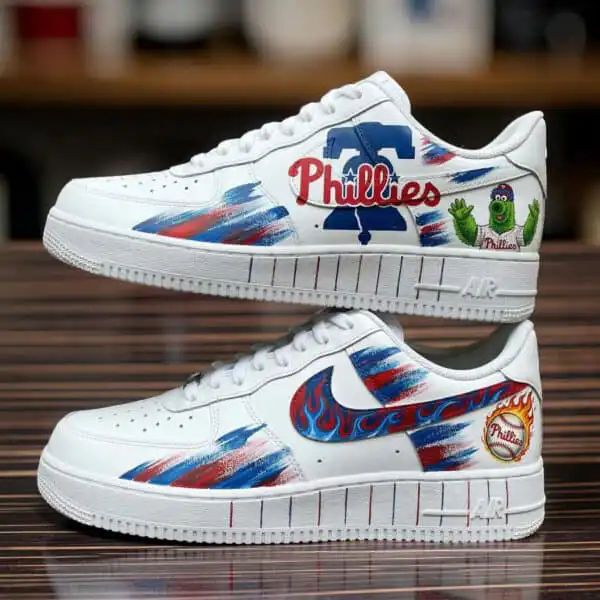 Custom Philadelphia Phillies Air Force 1 sneakers with hand-painted team logos and vibrant design.