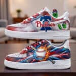 Hand-painted Philadelphia Phillies-themed Air Force 1 sneakers featuring MLB team logos and vibrant.