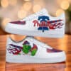 Hand-painted Philadelphia Phillies-themed Air Force 1 sneakers with MLB team graphics.