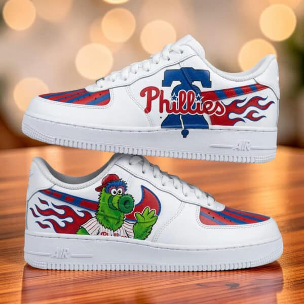 Hand-painted Philadelphia Phillies-themed Air Force 1 sneakers with MLB team graphics.