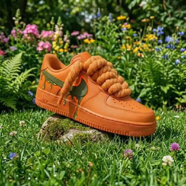 Custom orange and army green drip Air Force 1 sneakers with unique hand-painted design.