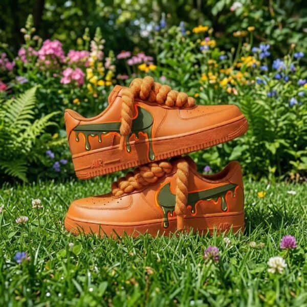 Orange Army Green Drip Air Force 1 Sneakers Custom hand-painted orange and green drip design on Air Force 1 sneakers.