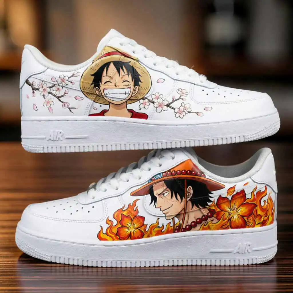 Anime-inspired custom Air Force 1 sneakers with hand-painted characters from popular anime series.