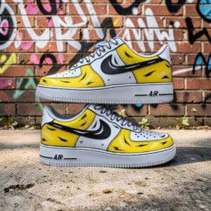Hand-painted purple and yellow comic-style Nike Air Force 1 sneakers on a brick wall background.