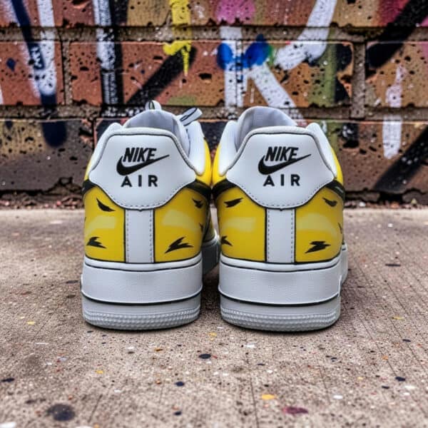 Custom hand-painted purple and yellow comic-style Nike Air Force 1 sneakers.