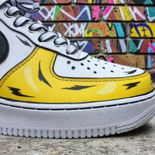 Hand-painted yellow and white comic Air Force 1 sneaker with bold design.