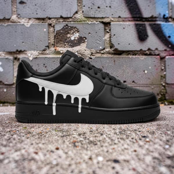 Custom White Drip Air Force 1 sneakers on black leather. Unique hand-painted design with artistic dr.