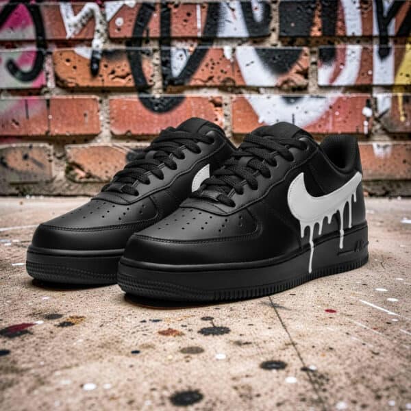 Hand-painted black and white drip design on Air Force 1 sneakers, street style footwear.