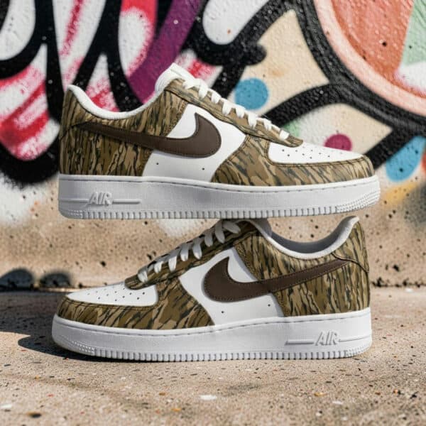 Hand Painted Camouflage Air Force 1 Sneakers Air Force 1 camouflage sneakers with hand-painted bottomland design.
