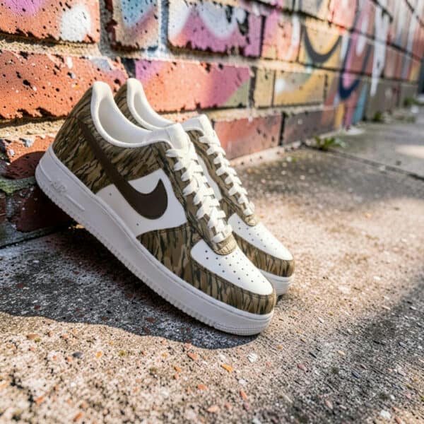 Unique camouflage Air Force 1 sneakers with hand-painted bottomland design. Perfect for streetwear a.