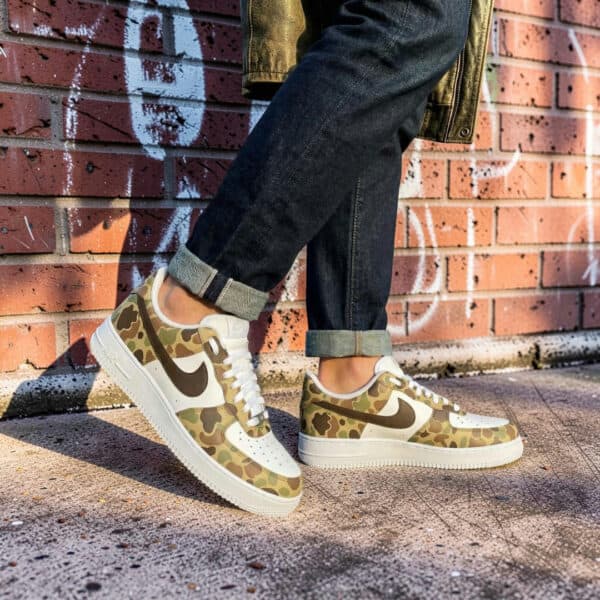 Camouflage Air Force 1 sneakers with hand-painted design and Nike swoosh. Perfect for streetwear and.