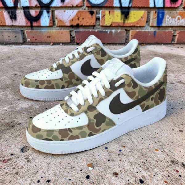 Hand Painted Camouflage Air Force 1 Sneakers Air Force 1 sneakers with hand-painted camouflage design and Nike swoosh. Unique custom sneakers for.