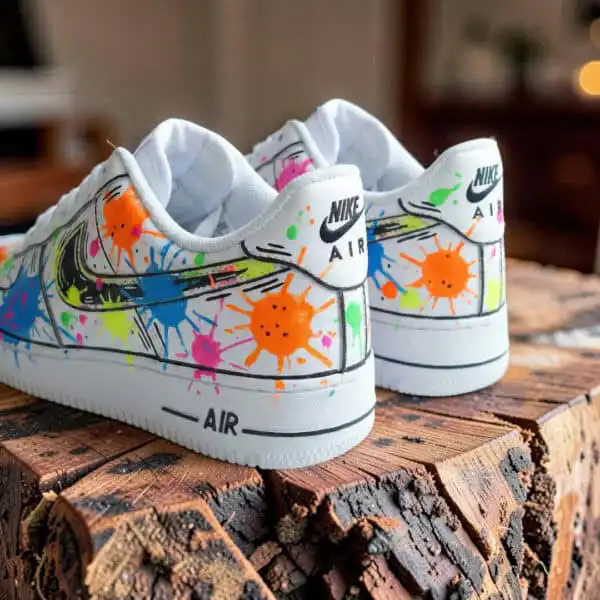 Home Custom painted Nike Air Force 1 sneakers with colorful splatter design.