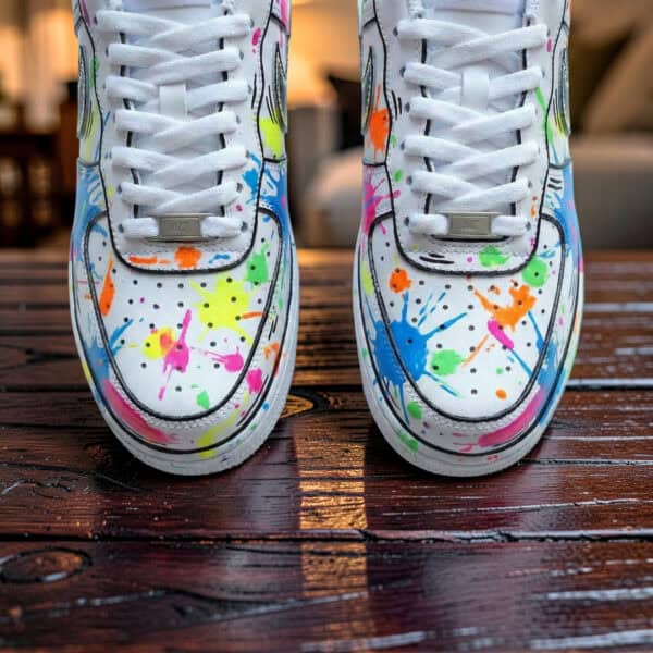 Custom Splash Air Force 1 sneakers with vibrant paint splatter design.