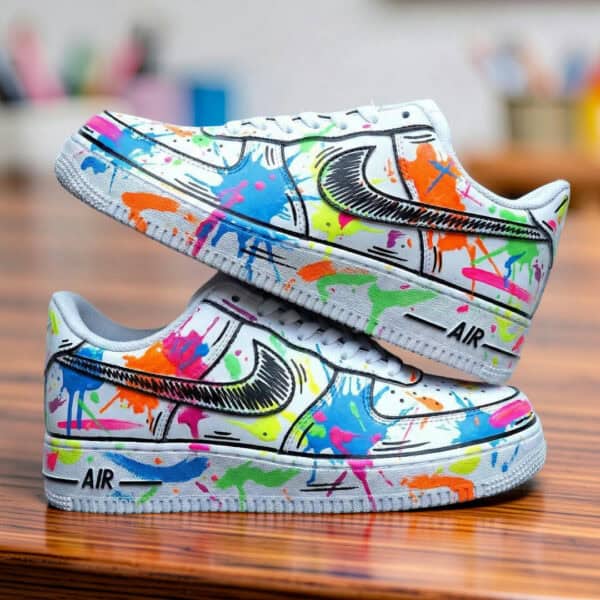 Custom hand-painted splash art on Air Force 1 sneakers with vibrant, multicolor paint splatters and.