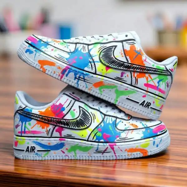 Custom Splash Air Force 1 Sneakers Custom hand-painted splash art on Air Force 1 sneakers with vibrant, multicolor paint splatters and.