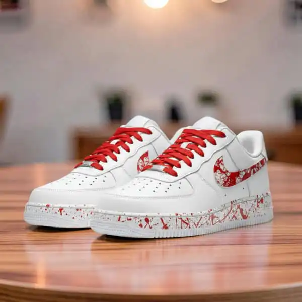 Hand-painted red splash design on classic white Air Force 1 sneakers.