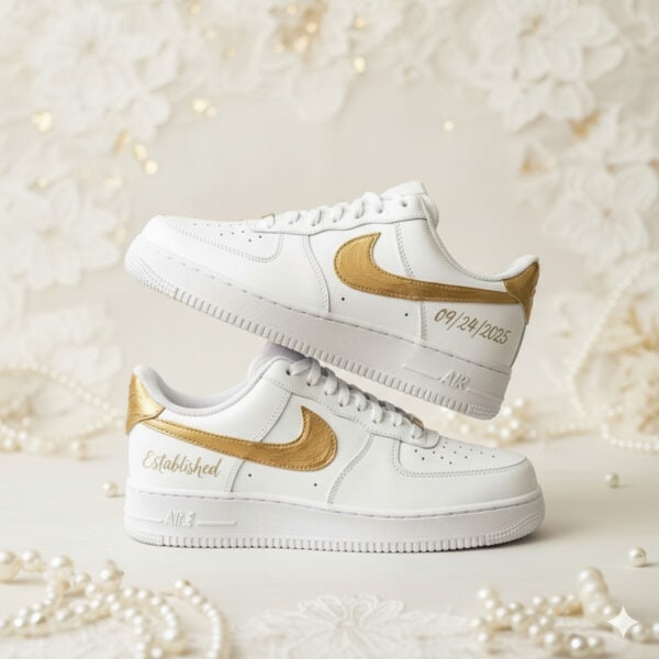 Hand-Painted Bridal Air Force 1 Sneakers Custom hand-painted white Air Force 1 sneakers with gold accents for weddings.