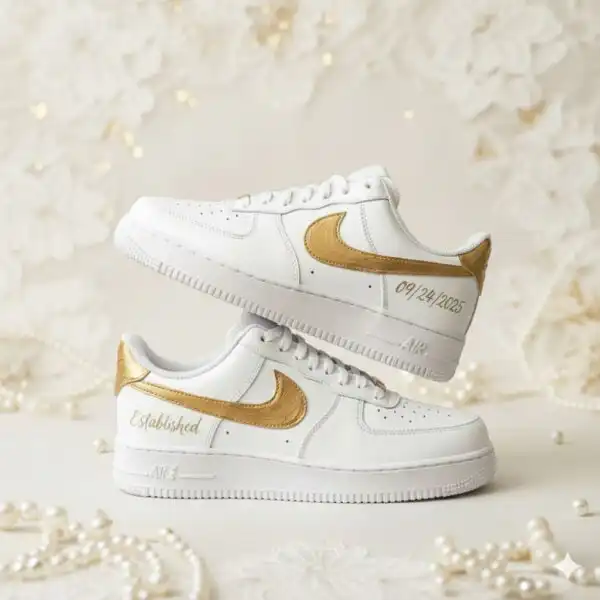 Hand-Painted Bridal Air Force 1 Sneakers Custom hand-painted white Air Force 1 sneakers with gold accents for weddings.