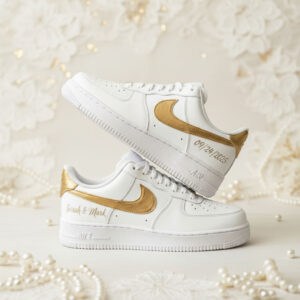 Custom hand-painted wedding Air Force 1 sneakers with personalized gold details.