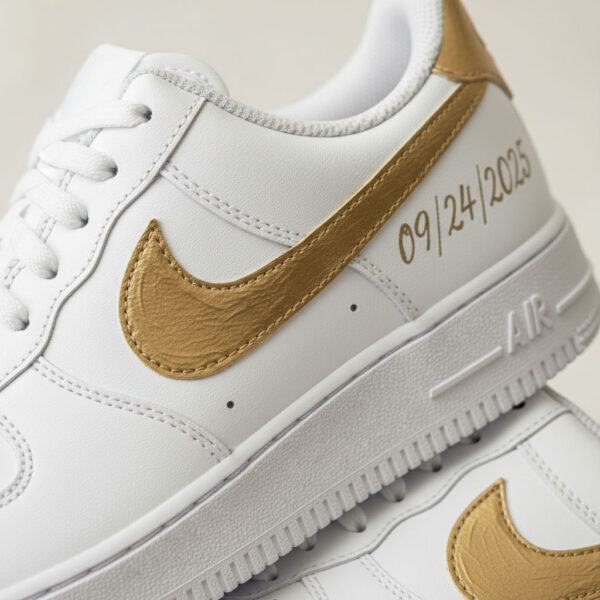 Custom Bridal Air Force 1 Sneakers with Gold Detailing.
