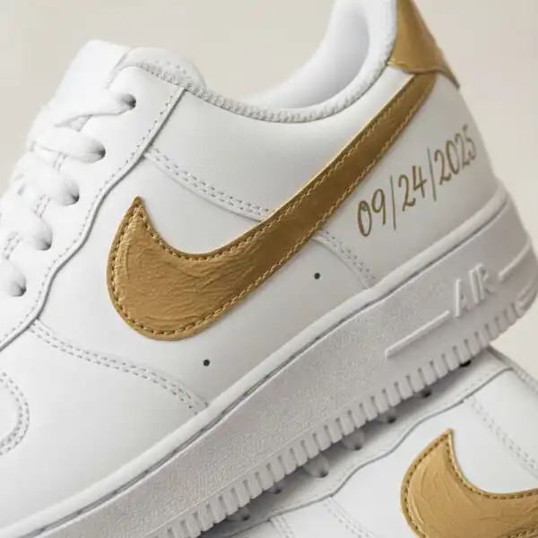 Custom Bridal Air Force 1 Sneakers with Gold Detailing.