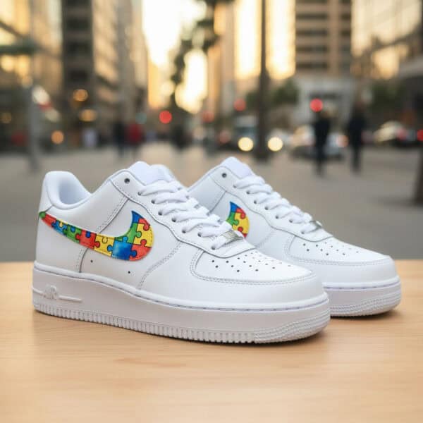 Hand-Painted Puzzle Air Force 1 Sneakers Custom hand-painted puzzle design on Air Force 1 sneakers, vibrant and unique artwork.