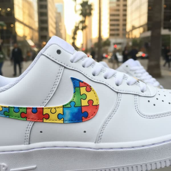 Custom hand-painted puzzle design on Air Force 1 sneakers for autism awareness.