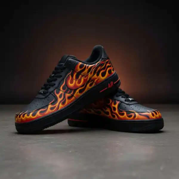 Custom flame design Air Force 1 sneakers with hand-painted details for unique style.