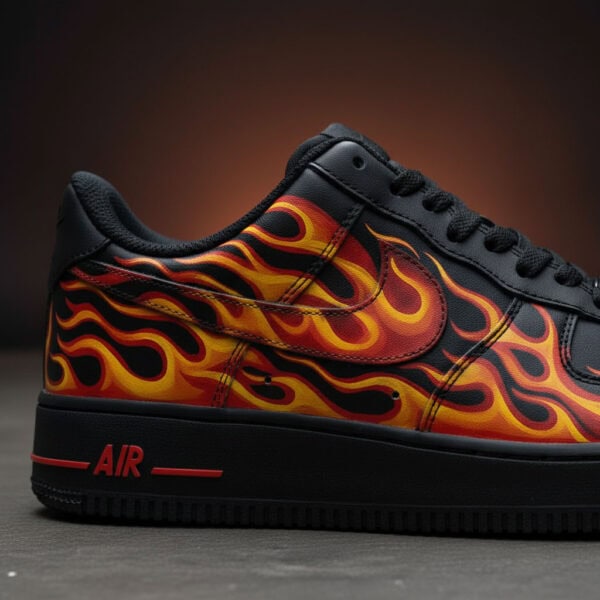 Custom Flame Air Force 1 sneakers with hand-painted fiery design. Perfect for sneaker enthusiasts an.