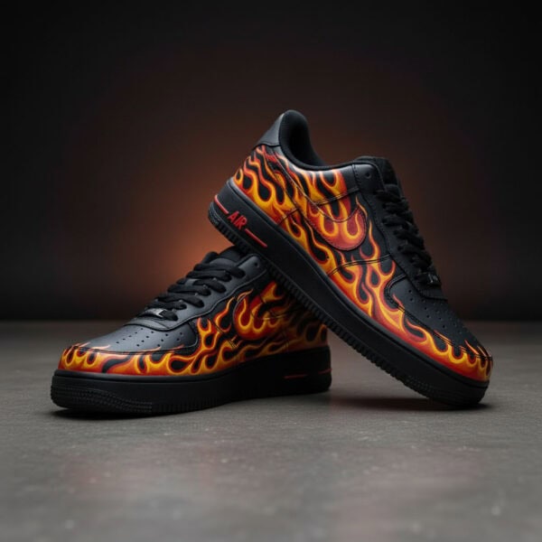 Stylish custom flame design on black Air Force 1 sneakers for unique streetwear fashion.