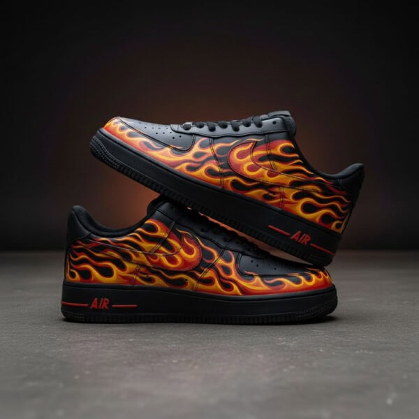 Hand-Painted Flame Air Force 1 Sneakers Custom Flame Air Force 1 sneakers with hand-painted fiery design.
