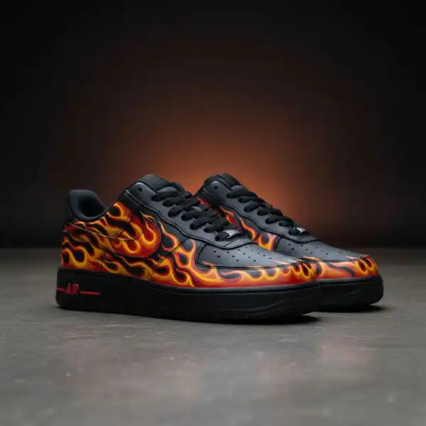 Custom hand-painted flame design on Air Force 1 sneakers with vibrant colors and detailed artwork.