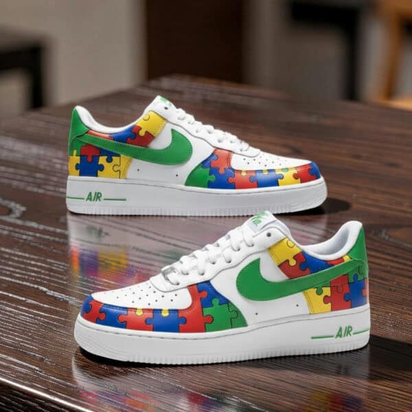 Hand-painted Autism Awareness Puzzle Sneakers with Nike Air Force 1 design.