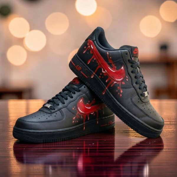 Hand-Painted Red Drip Air Force 1 Black Sneakers.